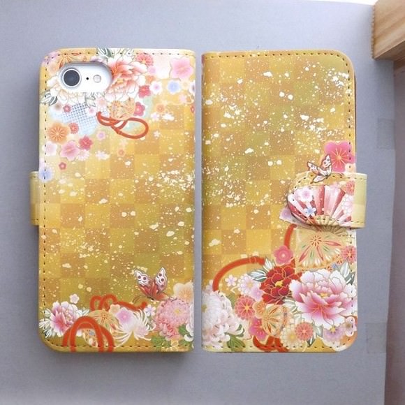 扇子の手帳型スマホケース、和柄カバー